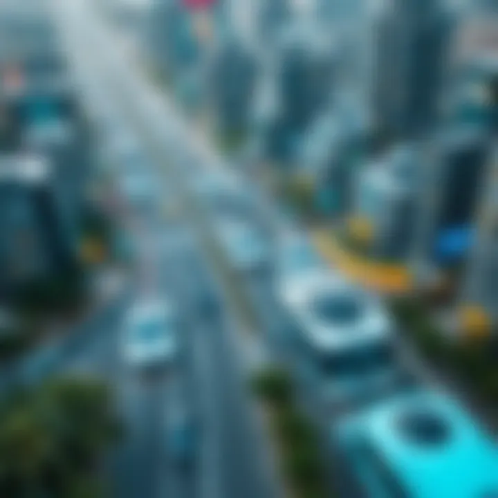 Aerial view of a sustainable city supported by air electric vehicles