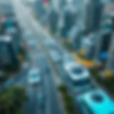 Sustainable City with Air Electric Vehicles Aerial view of a sustainable city supported by air electric vehicles