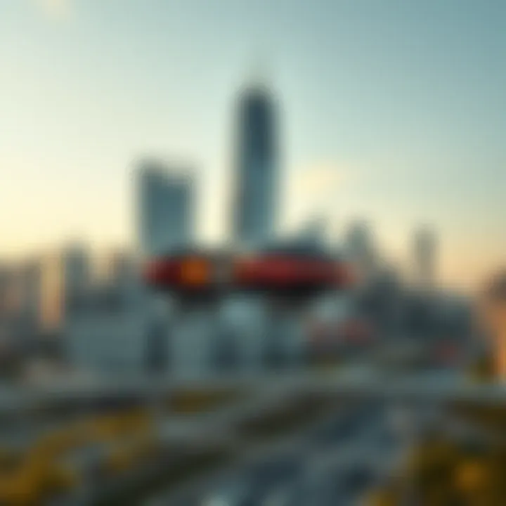 Urban skyline with air electric vehicles integrated into transportation system