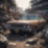 A totaled car sitting in a junkyard, surrounded by debris
