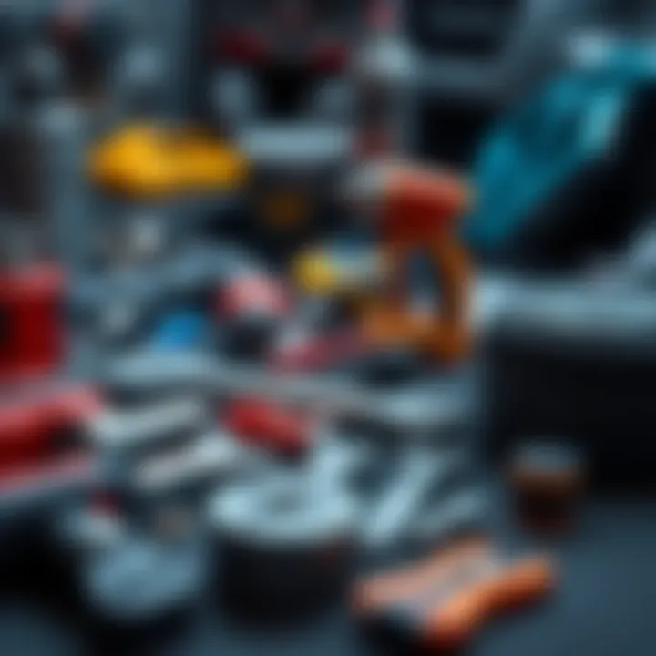 Car maintenance tools and equipment laid out