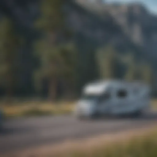 A stunning RV and a flat tow vehicle parked in a picturesque landscape