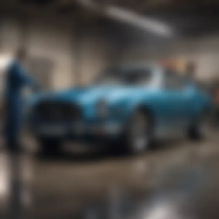 Wide shot of a car being painted with an HVLP sprayer in a professional setting