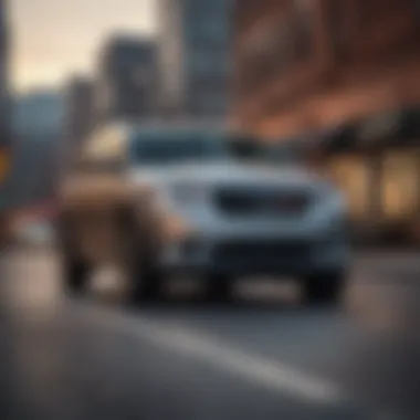 Performance and Handling of Chrysler Three-Row SUV Chrysler three-row SUV maneuvering on a road, demonstrating its performance and handling capabilities.