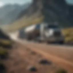 Heavy-duty truck towing a large trailer in a mountainous landscape