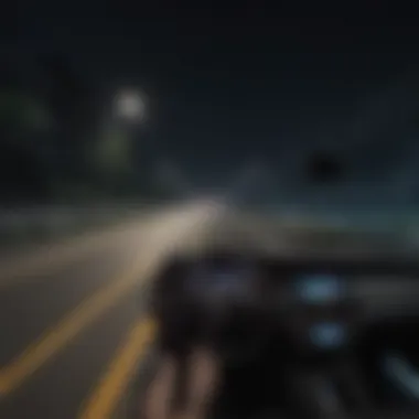 Nighttime driving scene illuminated by the dashboard camera.