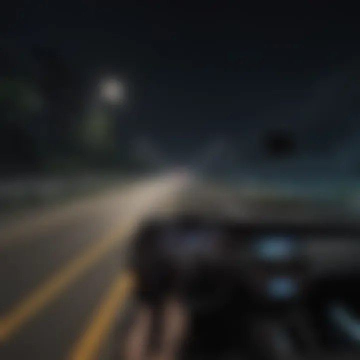 Nighttime driving scene illuminated by the dashboard camera.