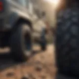 All-terrain truck tire on rugged terrain