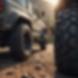 All-terrain truck tire on rugged terrain