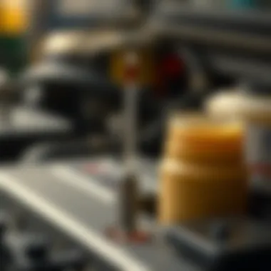 An oil dipstick placed beside an oil container.