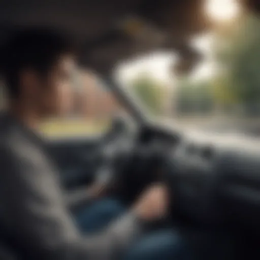 A young driver examining a car's interior for comfort and features
