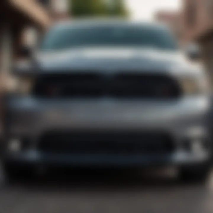 Front view of the Dodge Durango Scat Pack showcasing its aggressive grille and LED headlights