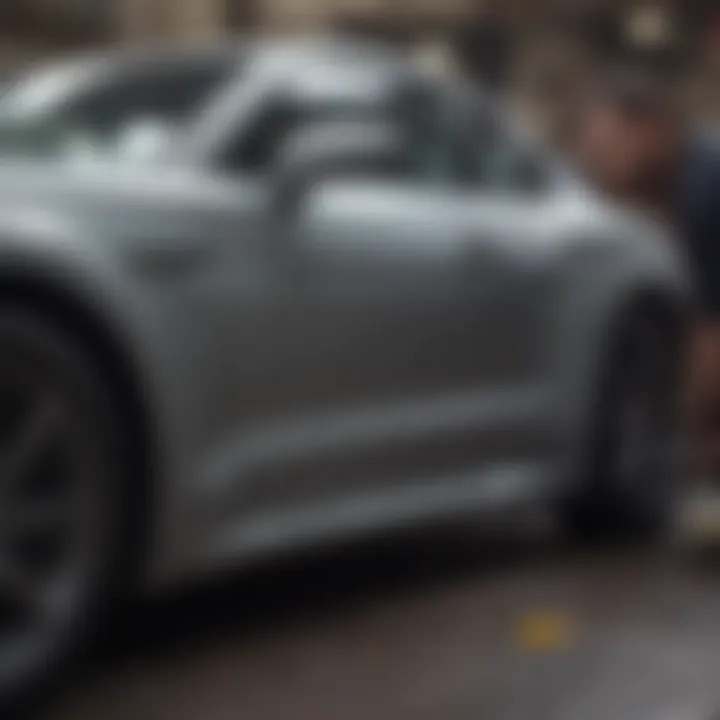 Professional technician assessing a car for dent repair