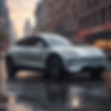 A sleek electric vehicle parked against a city skyline