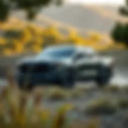 Electric pickup truck cruising through a natural landscape