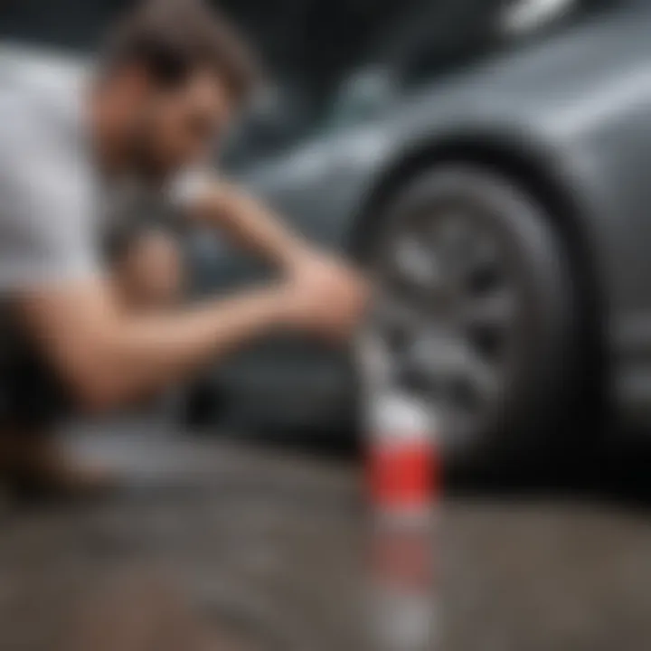 An automotive technician applying paint remover on a vehicle surface