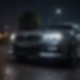 A close-up view of advanced LED headlight technology illuminating a dark road