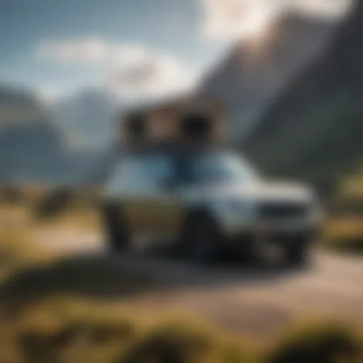Mini Countryman with rooftop tent setup in a scenic landscape