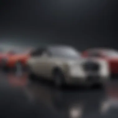 A panoramic view of various Rolls Royce models lined up, representing the evolution of the brand.