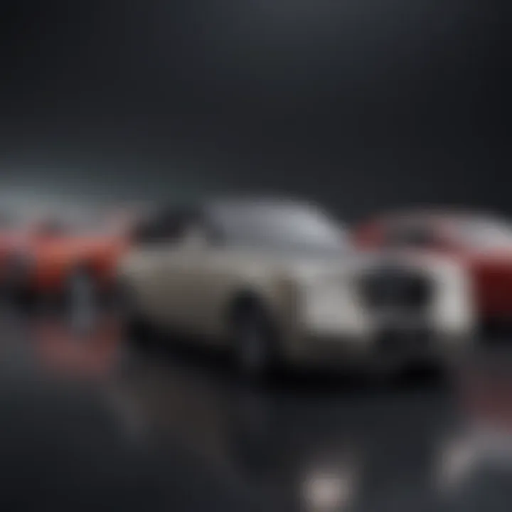 A panoramic view of various Rolls Royce models lined up, representing the evolution of the brand.