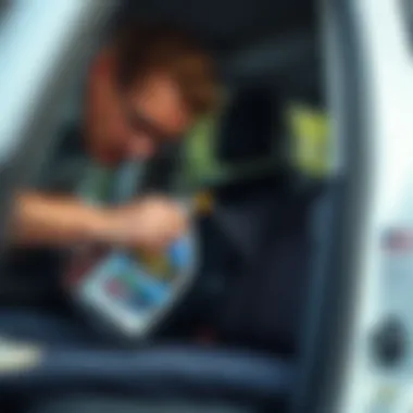 User applying carpet cleaner in vehicle