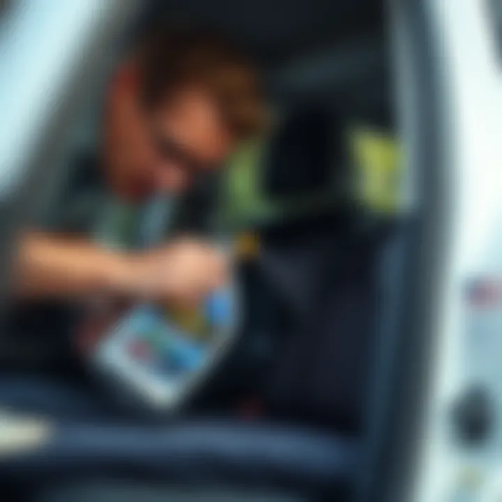 User applying carpet cleaner in vehicle