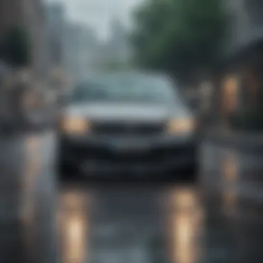 Safety in Rain with Functional Wipers A vehicle driving safely through heavy rain with functional windshield wipers