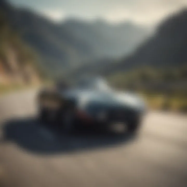 Jaguar E-Type Roadster in motion on a scenic road