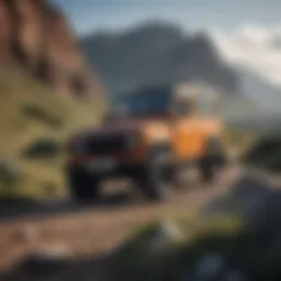 A classic Land Rover Defender parked in a rugged landscape