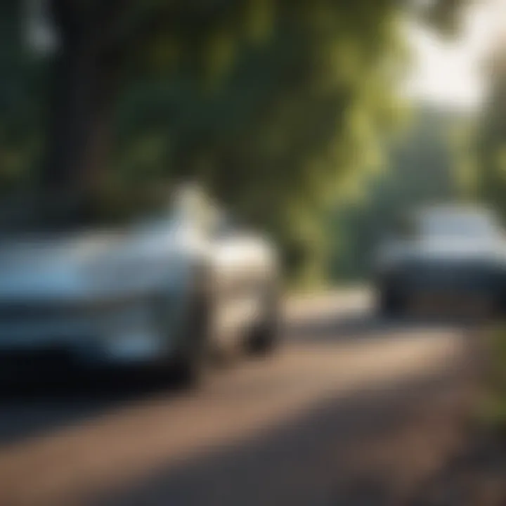 A serene landscape with electric cars parked in nature