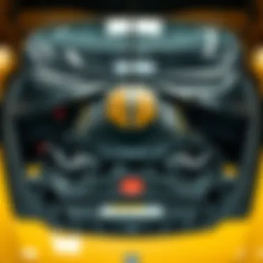 Engine compartment of a new performance car emphasizing power and engineering