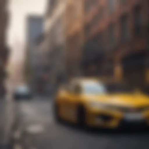 Vibrant yellow Type R car parked against a striking urban backdrop