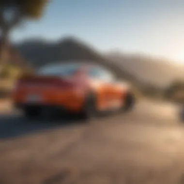 A scenic California landscape with a parked car under the sun.