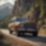 A vintage Grand Wagoneer on a scenic mountain road