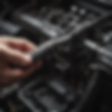 Close-up of a transmission dipstick being removed from the engine bay