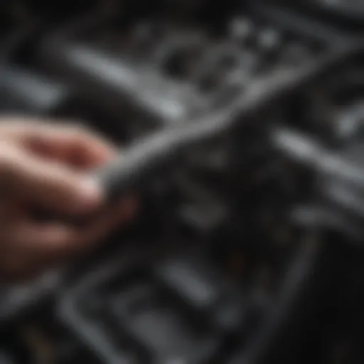 Close-up of a transmission dipstick being removed from the engine bay
