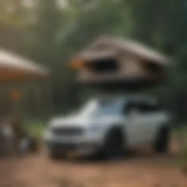 Mini Countryman parked by a campsite with a rooftop tent extended