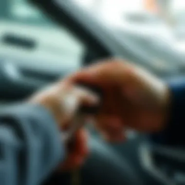 A close-up view of a car's key being handed over to a dealer.