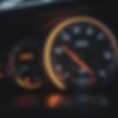 A close-up of a car's dashboard with warning lights illuminated