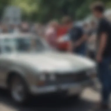 Car Enthusiasts in Conversation Enthusiasts discussing vehicle features at a car show