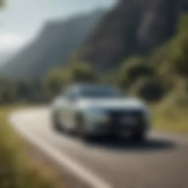 Performance of Mitsubishi PHEV on the Road Mitsubishi PHEV driving on a scenic road illustrating performance