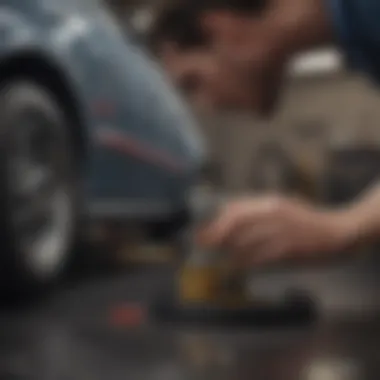 Mechanic checking the oil level using a funnel