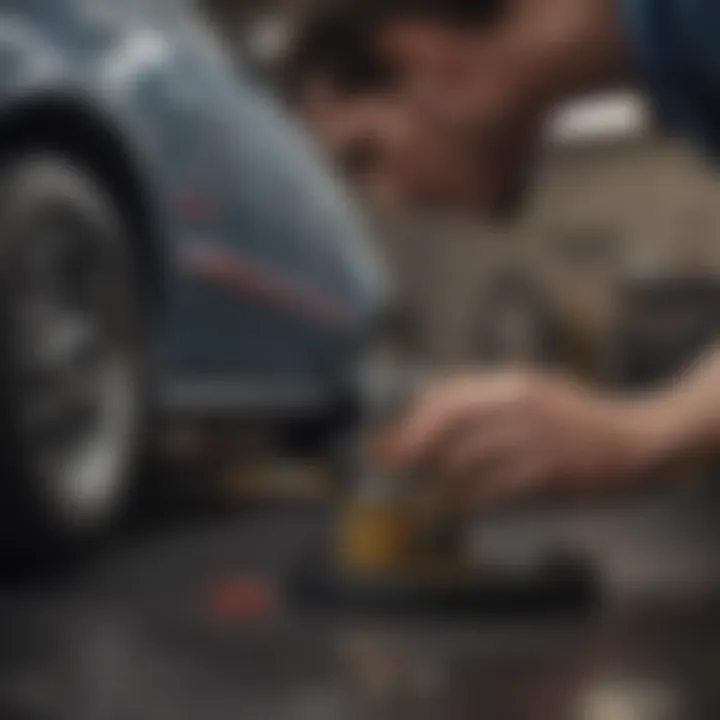 Mechanic checking the oil level using a funnel