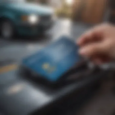 Person reviewing credit card rewards statements with an auto insurance bill