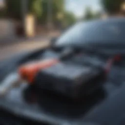 Compact battery jumper pack on a car hood