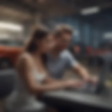 Researching Vehicle Options An engaged couple reviewing car listings on a laptop, showcasing their strategic search.