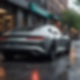 A sleek car parked in a modern urban setting, highlighting its design and features.