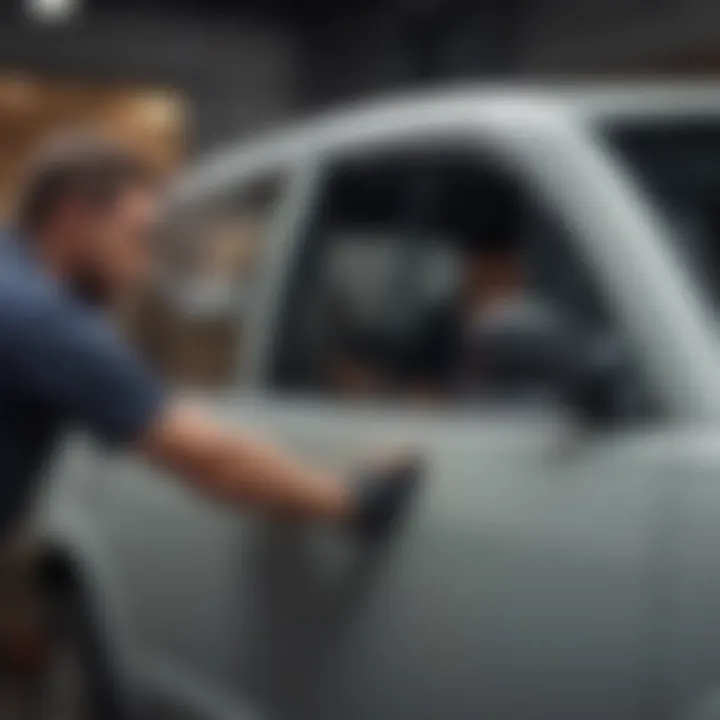 Technician installing heat proof window tint on a vehicle