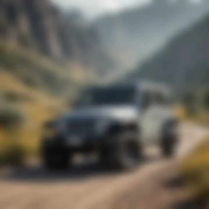 A scenic landscape with a two-door Jeep Wrangler parked amidst nature