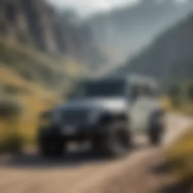 Two-Door Jeep Wrangler in Scenic Landscape A scenic landscape with a two-door Jeep Wrangler parked amidst nature